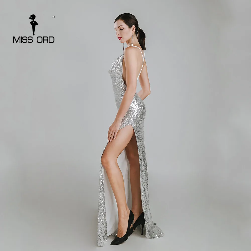 

Missord 2019 Sexy halter V-neck party dress sequin maxi split dress FT4790