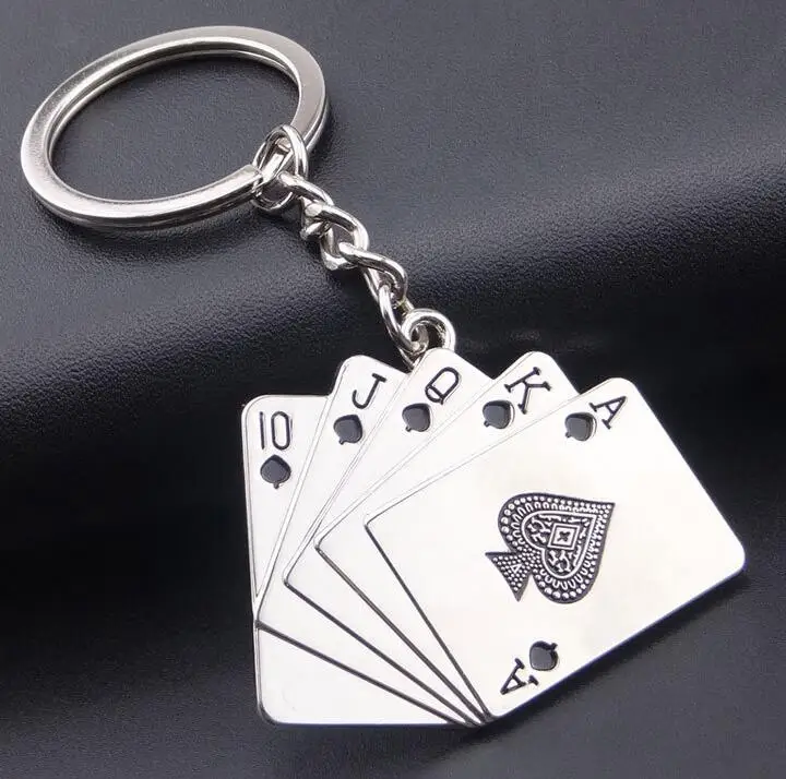 

Keychains For Men Car Bag KeyRing Silver Stainless Steel Jewelry Straight flush Texas Hold'em Poker Playing Cards Gift Fashion