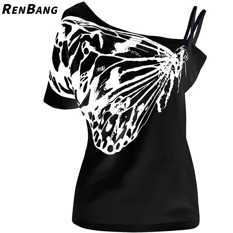 RENBANG New Summer Sexy Ladies Oblique Shoulder T Shirt Butterfly Printed Strap Short Sleeve Tops Women Tees Plus Size 5XL | Женская