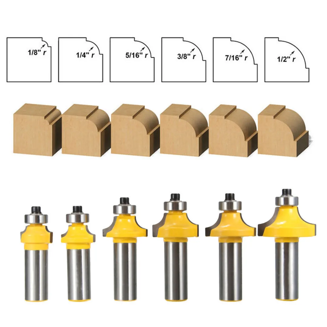 DWZ 6Pcs 1/2" 1/8" 1/4" 5/16" 3/8" 7/16" 1/2" Shank Round Over Edging Router Bit Set