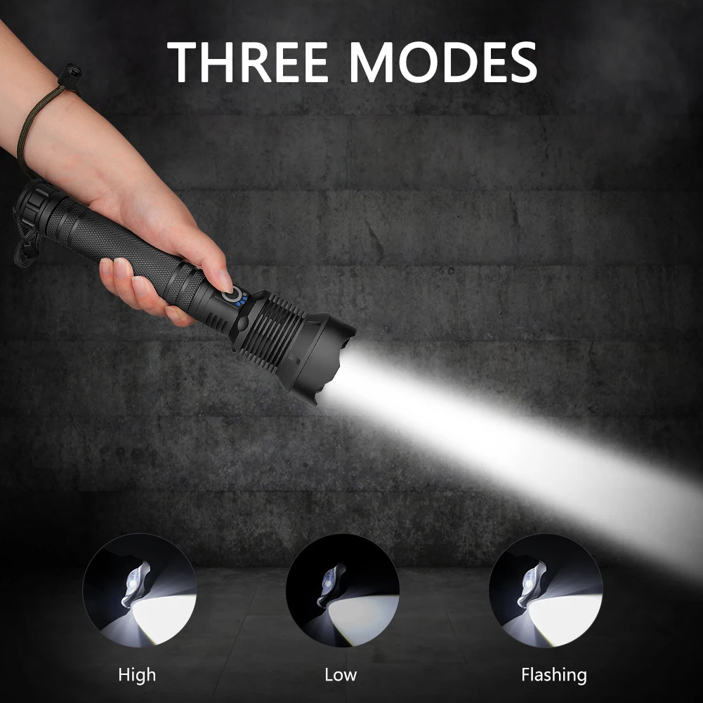 Мощный светодиодный мигающий фонарик, тактический фонарь для кемпинга, 3 режима переключения, велосипедный фонарь с ручной веревкой, аккумулятор 2*26650