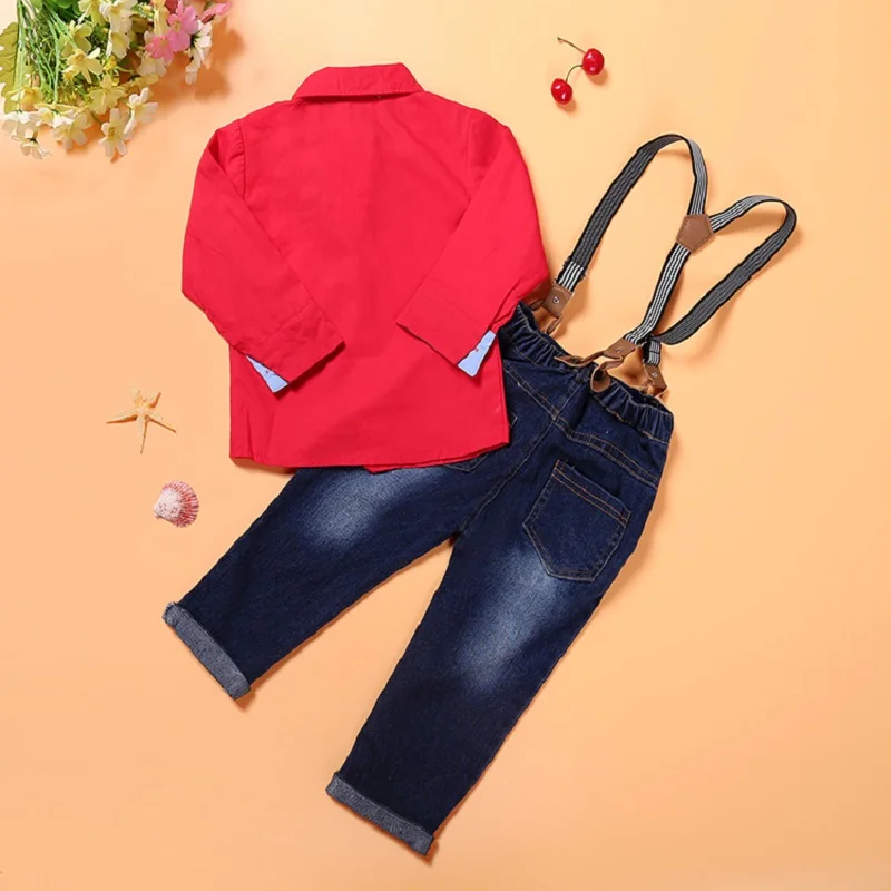 Модная одежда для детей комплект одежды для мальчиков комплект для малышей хлопковая рубашка с длинными рукавами красная рубашка+ джинсы на подтяжках BCS185