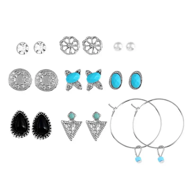 

9Pairs Fashion Crystal Stud Earrings Women Mixed Flower Ball Blue Stone Waterdrop Butterfly Triangle Oval Earrings Set Brincos