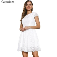 Capucines Милая белый кружевной А-силуэт Мини платья женские летнее С коротким рукавом О-образный вырез Повседневная платье женское девичий Вечеринка Платье принцессы