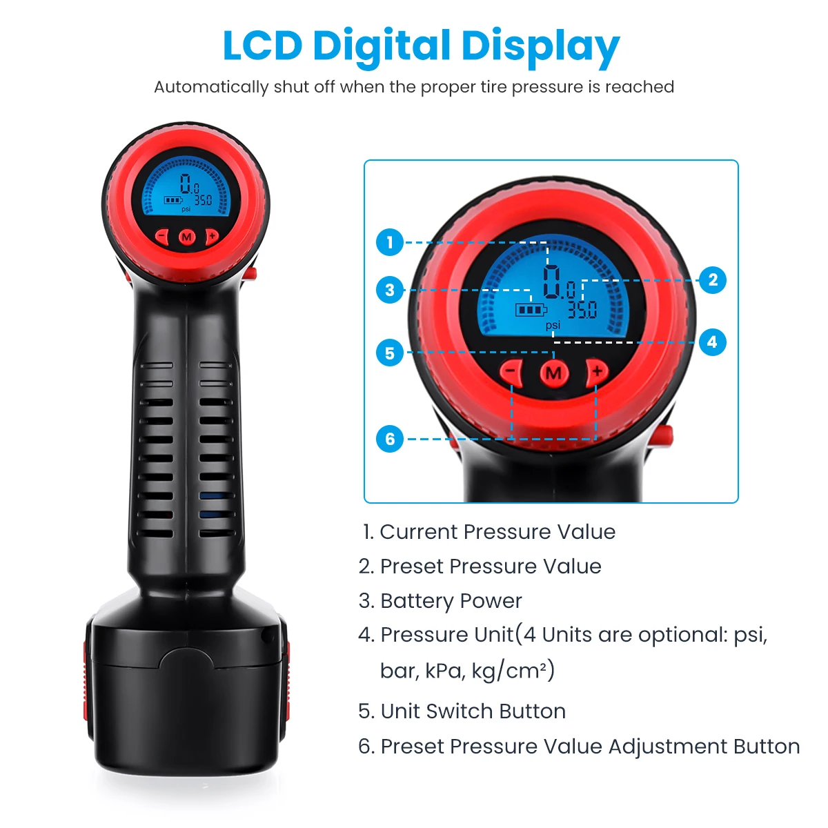  Audew 12V 160PSI Cordless Air Compressor Portable Tire Inflator Auto Hand Held Air Pump Digital LCD