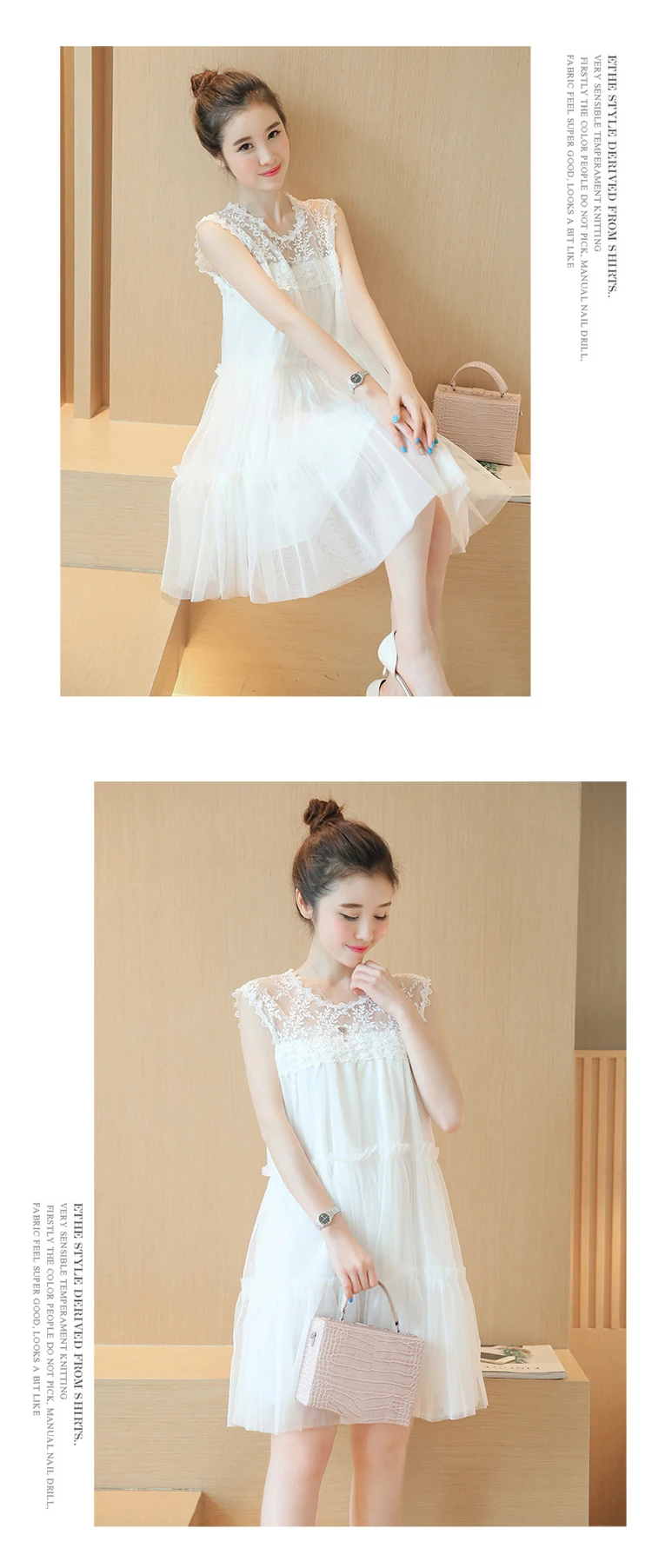 Платье для беременных 2019 модное летнее Новое корейское платье с круглым вырезом из пряжи с кружевом платья для беременных женщин Одежда