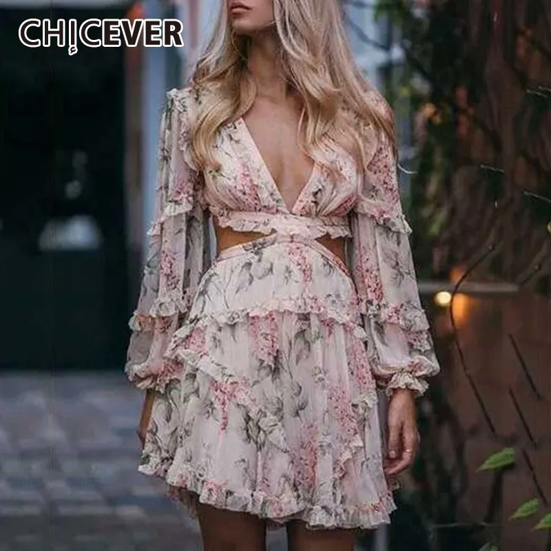 

CHICEVER Summer Beach Style Print Dress For Women V Neck Lantern Sleeve High Waist Ruffles Mini The Dresses 2019 Fashion New