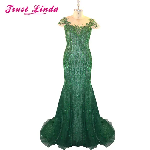 Sexy Emerald Green Prom Gown Cap Sleeves Beaded Sequins Tulle Mermaid ...