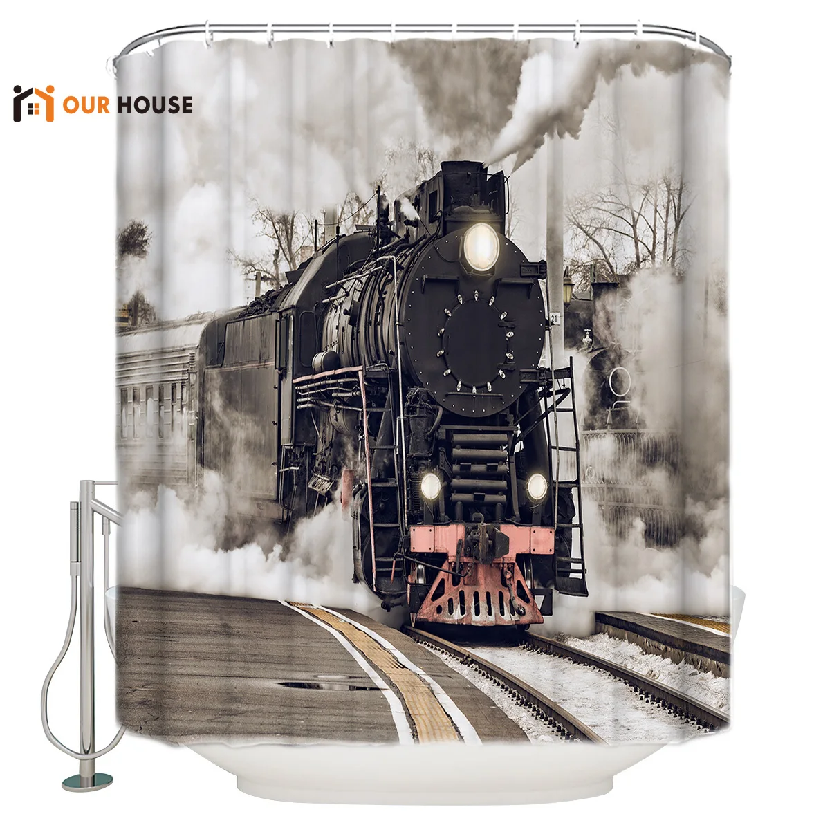 

OURHouse The Steam Age Of Old Trains Shower Curtain Bathroom Bathroom Sets Childrens Unique Hotel Cloth Hooks Girls Mens Cool