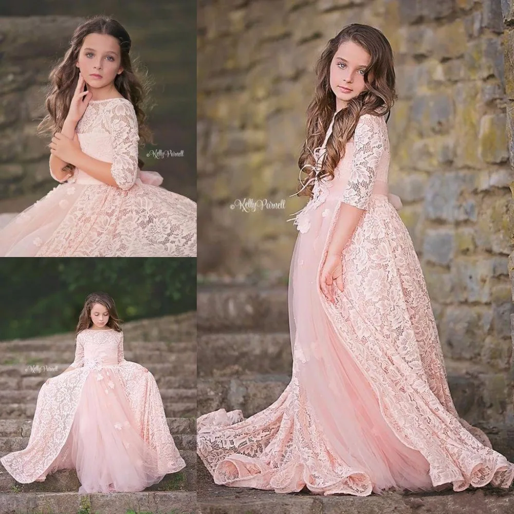 

New Pink Lace Girls Birthday Dresses O Neck Half Sleeves Flower Girls Dress For Weddings Christmas Gown Custom Made Any Size