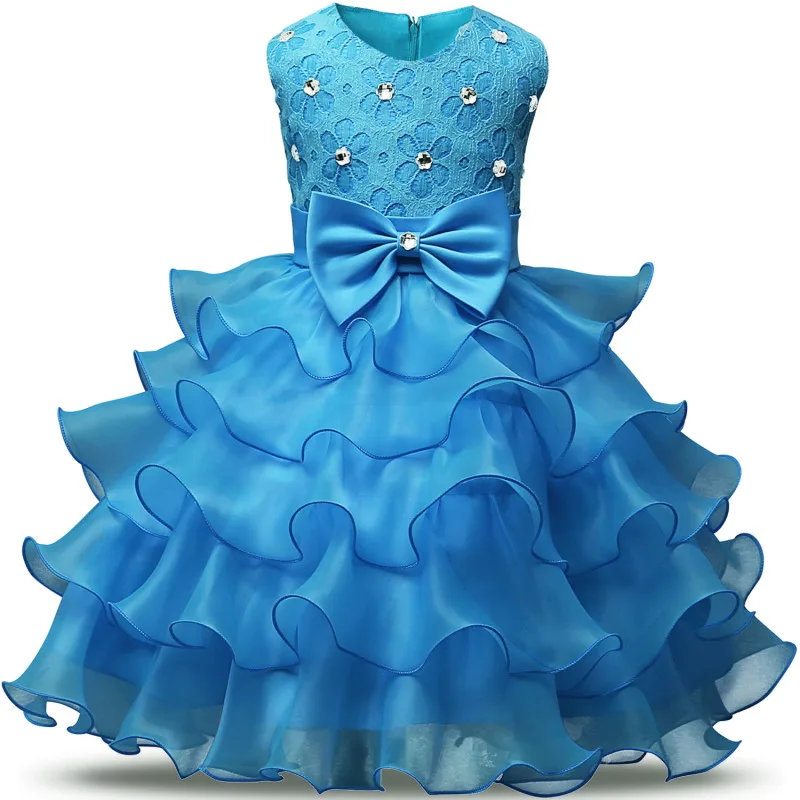Многослойное многослойное платье-пачка с цветочным рисунком одежда для детей элегантные платья с бисером для девочек, платье принцессы для девочек 1 год, костюмы для вечеринки в честь Дня Рождения - Цвет: Light Blue