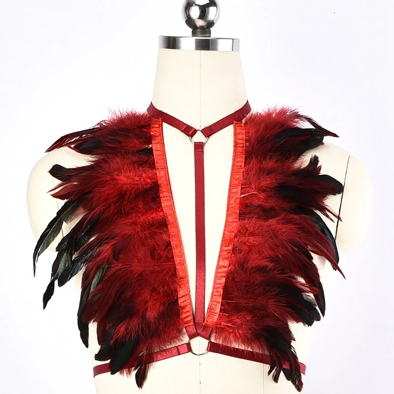 

BODY HARNESS Festival Costume Red Feather Epaulette Burning Unisex Shoulder wings Harness Bra Top Pole Dance Rave Body Harness