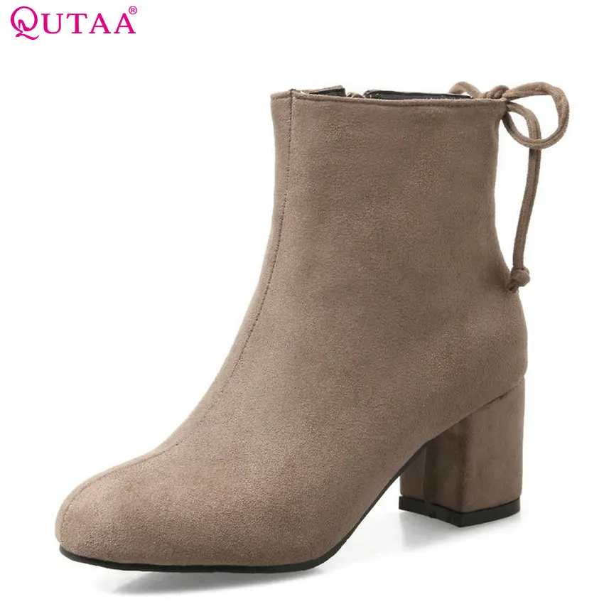 

QUTAA 2018 Womwn Ankle Boots Scrub Fashion Square High Heel Round Toe Keep Warm Slip on All Match Women Boots Size 34-43