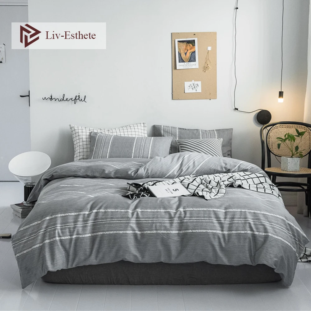 

Liv-Esthete Fashion Stripe 100% Cotton Bedding Set Soft Duvet Cover Pillowcase Flat Sheet Double Queen King Bed Set Home Textile