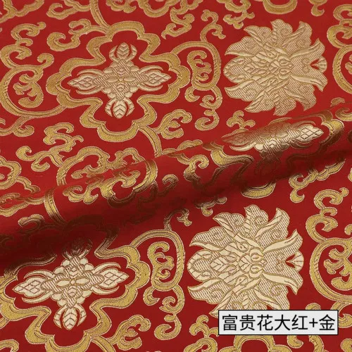 Width 150cm Chinese Red Tang Suit Cheongsam Sheet Cloth Silk Like Damask Jacquard Brocade Metallic Fabric - Цвет: Rich Flower Red Gold