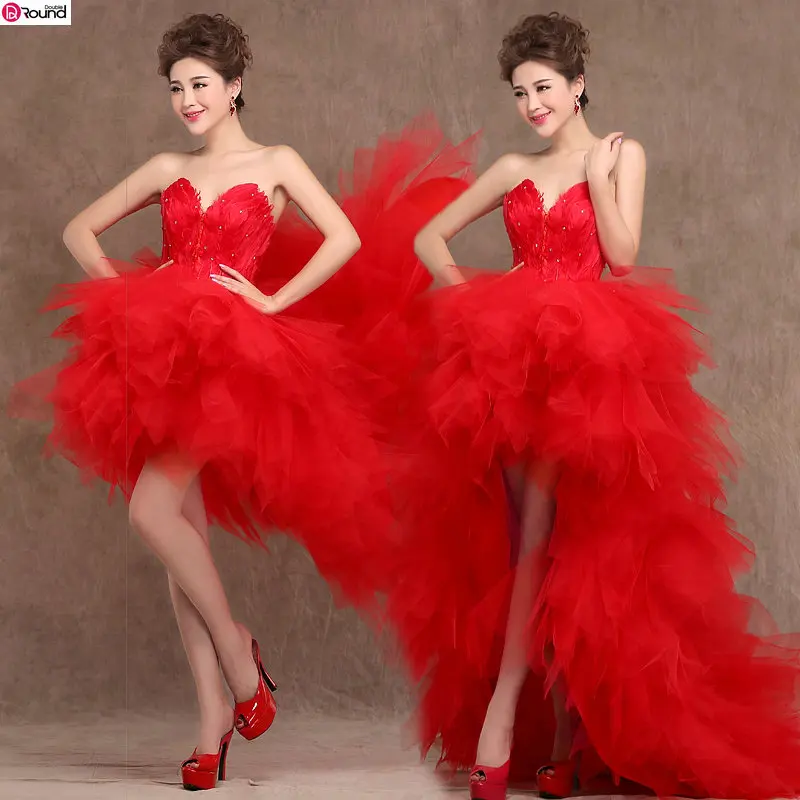 Hot Sale~vestidos de novia~ Front Short and Back Trailing Style Sweet Princess Wedding Dress/Bride Feather Wedding Gown 2