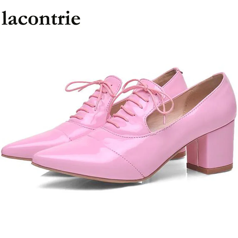 

lacontrie 2017 New British style women casual shoes med square heel ankle strap pumps poined toe women shoes pumps size 34-43