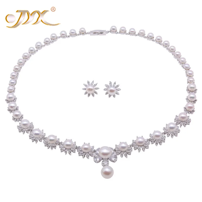 JYX Pearl Wedding Jewelry Set 5.5-10.5mm White Flat Round Freshwater Pearl Necklace & Earrings Set 17 JYX Pearl Wedding Jewelry Set 5.5-10.5mm White Flat Round Freshwater Pearl Necklace & Earrings Set 17