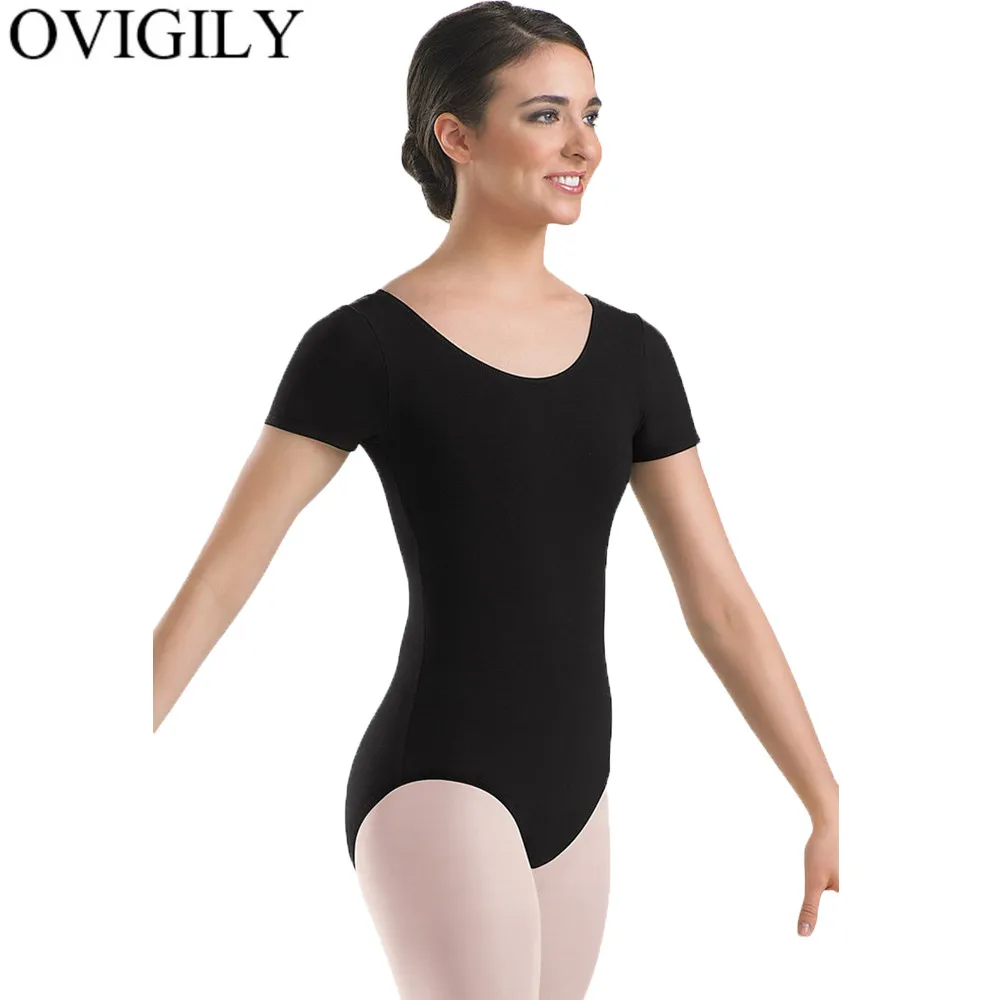 

OVIGILY Women's Short Sleeve Dance Leotard Scoop Neck Black Gymnastics Leotards Lycra Spandex Leotard Bodysuits Workout Fitness