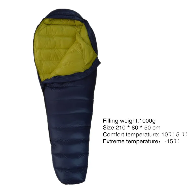 Зимние Пуховые спальные мешки для мам, 400 г, 600 г, 800 г, 1000 г, утиный пух, сохраняющий тепло, сверхлегкие, для отдыха на природе, кемпинга, путешествий, альпинизма, Euipment - Цвет: navy blue Yellow1000