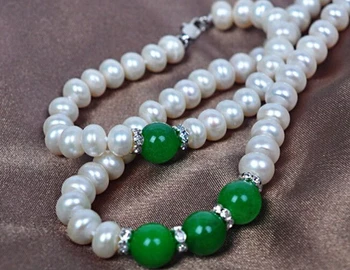 

Women's Wedding charm Jew.657 A set 7-8mm freshwater cultured white pearl necklace bracelets +8mm gem real Ms.-jewelry