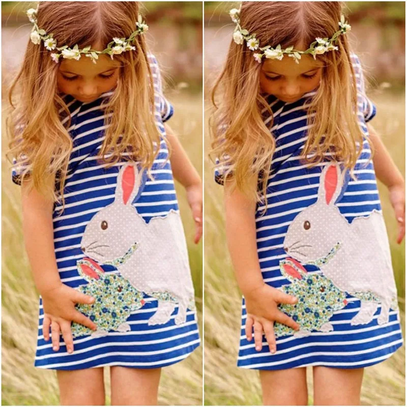 

Cartoon Rabbit Kids Baby Girls Dress White And Blue Striped Summer One pieces Cute O Neck Mini Dress 2-7Y