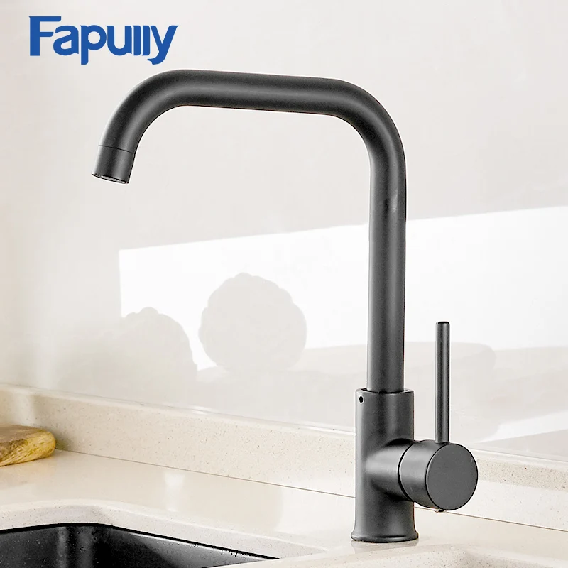 Online Fapully Küche Wasserhahn 360 Drehen Schwarz Mixer Wasserhahn für Küche Gummi Design Heiße und Kalte Deck Montiert Kran für Waschbecken AEF0012