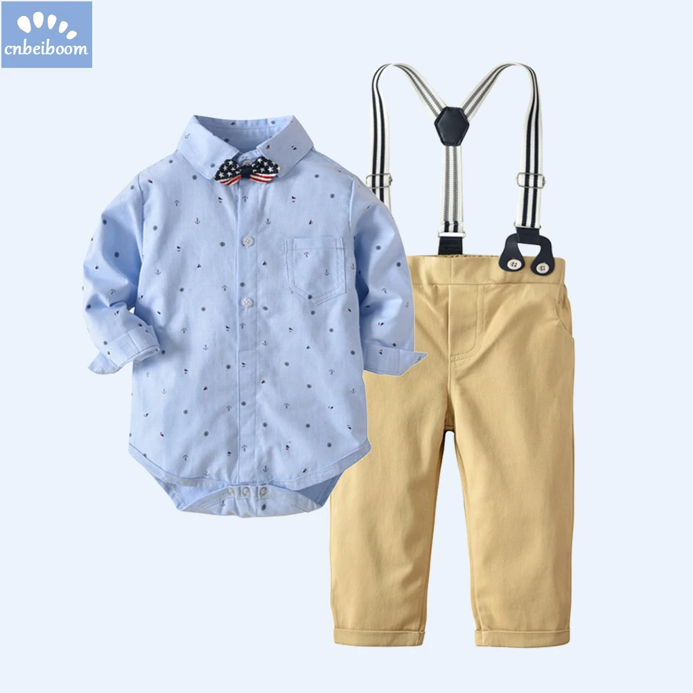 Boys suit children's boy rompers + overalls bib bow tie gentleman 3 pcs
