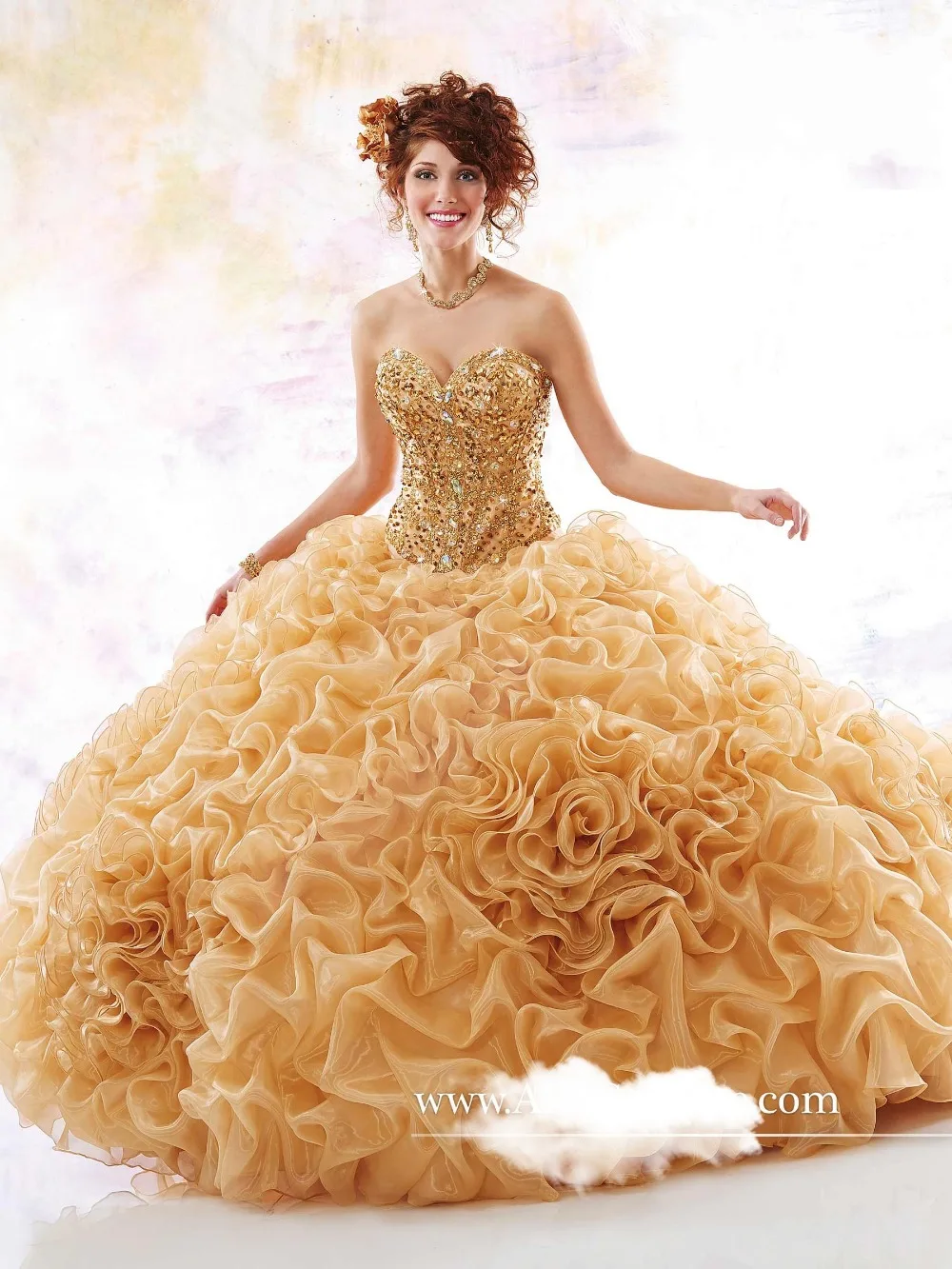 Free Bolero Gold Ruffle Organza Ball Gown Quinceanera Dresses New Beads Crystal Prom Dresses 15 Years Party Gowns Custom Size