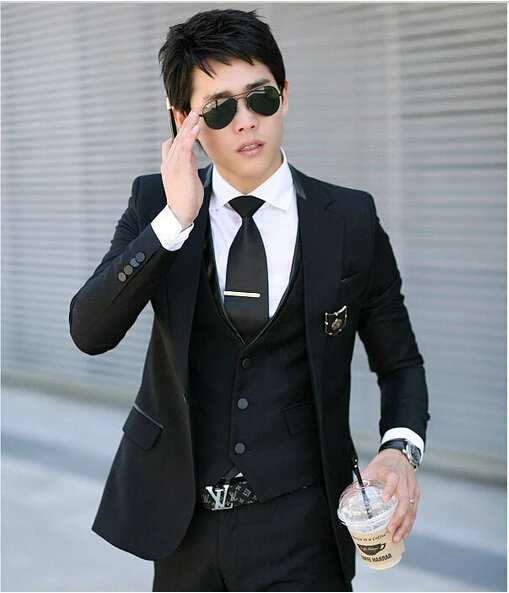 Hot Sale new 2014 fashion Korean Serge fabric Nigeria groom best men suits for wedding black M