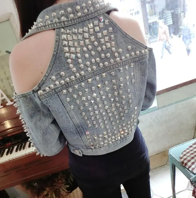 Women's blue denim metal rivet jacket lady's sexy off shoulder punk