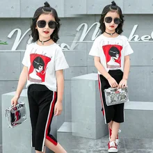 Комплект летней одежды для девочек, г., одежда для маленьких девочек изысканные наряды детская футболка+ штаны-капри 3, 4, 5, 6, 7, 8, От 9 до 13 лет