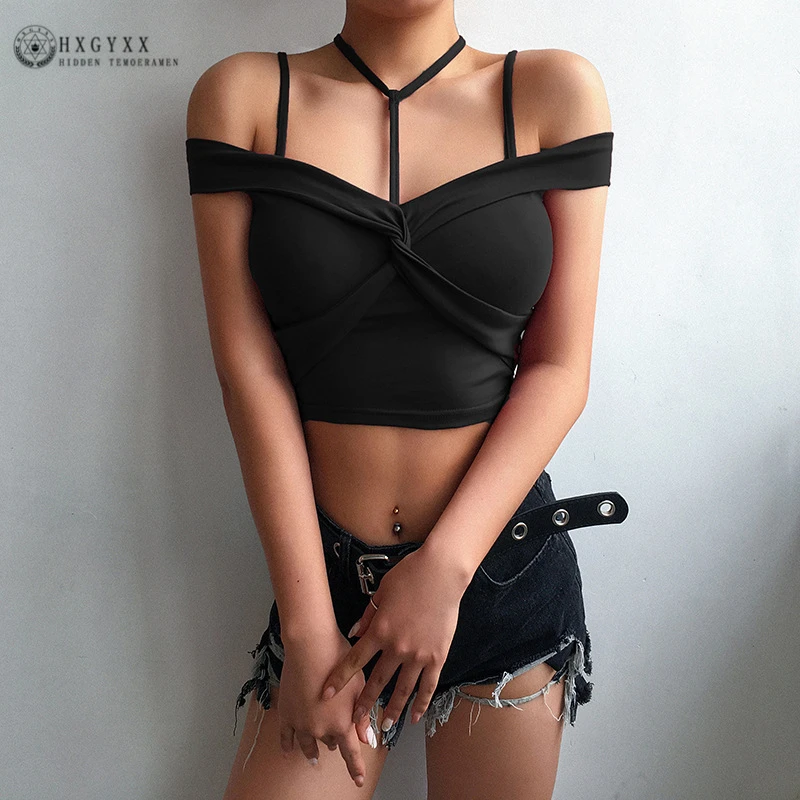 

2019 Summer Sexy hanging neck with a cross-neck collar T-shirt Women Fashion Casual Slim Solid color Short Top QQ161