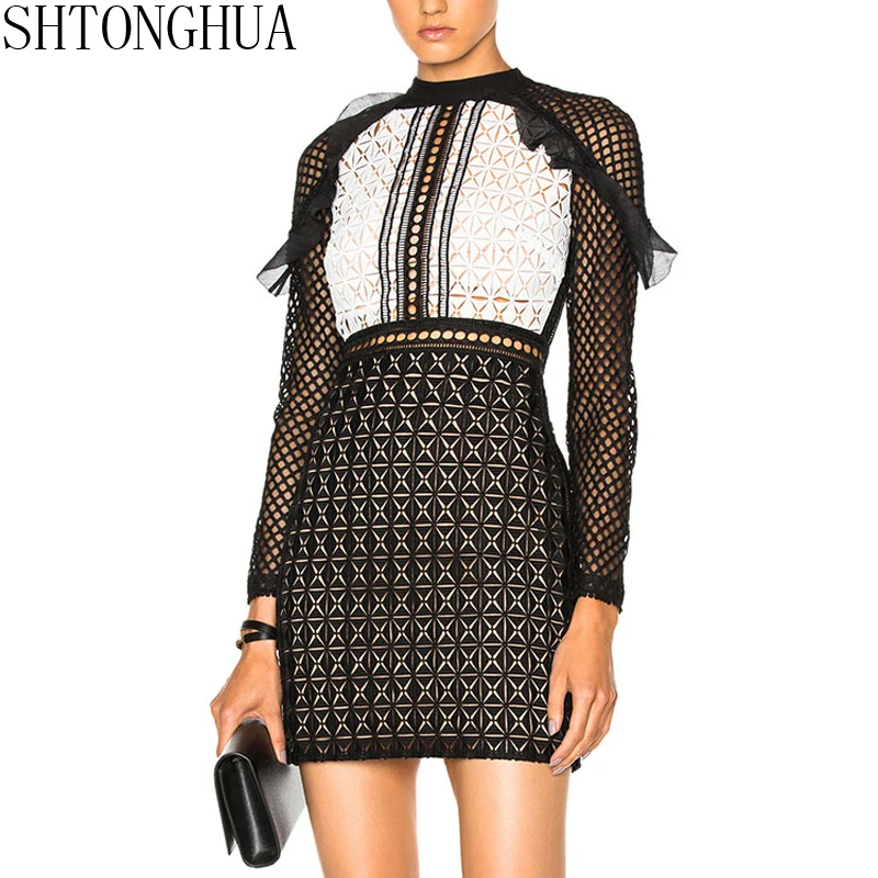 SHTONGHUA, дизайнерское подиумное летнее платье, Автопортрет, черное, белое, лоскутное, кружевное, платье карандаш, тонкое, с оборками, открытое, женское платье