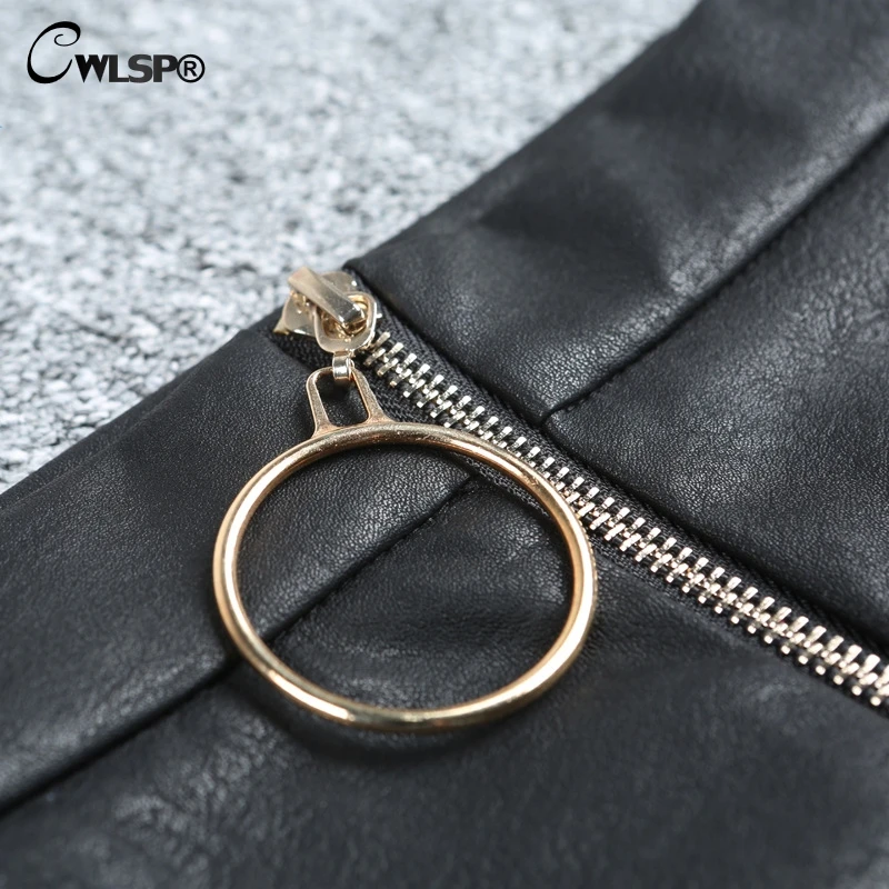 CWLSP High Waist PU Faux Leather Skirts Spring Winter Womens 2018 Popular Front Zipper Ring Mini Skirts Black Short Saia QZ1926