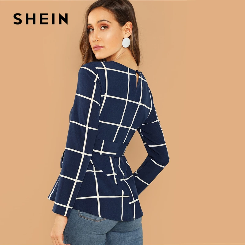 SHEIN Weekend Casual Modern Lady Navy Self Belted Grid Round Neck Long Sleeve Plaid Pullovers Top Women Autumn Plain Blouse
