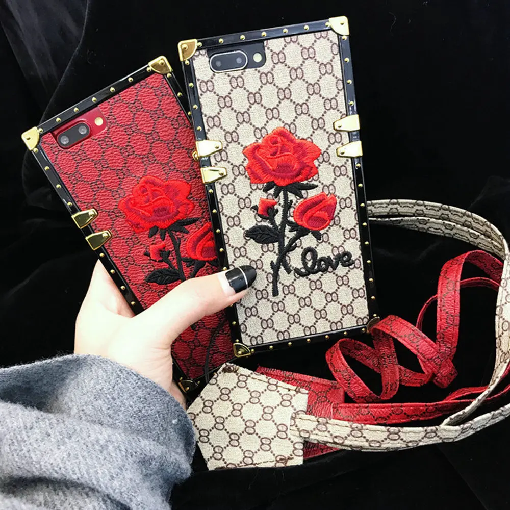 

For iPhone XS Max XR 8 7 6S Plus Case Embroidery 3D Rose Flower Square Back Case for Samsung Galaxy S10 Plus S10E S9 S8 Plus