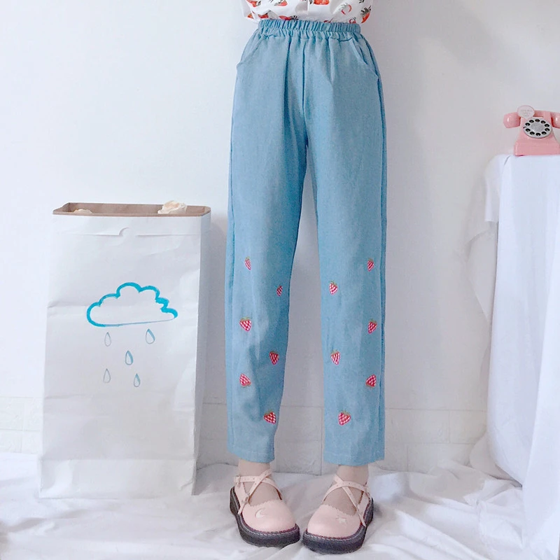 #Without belt pantalón holgado estilo japonés con estampado de lavanda Kawaii Coreano WT Harajuku color morado bordado de dibujos animados Pantalones vaqueros Ulzzang para mujer 