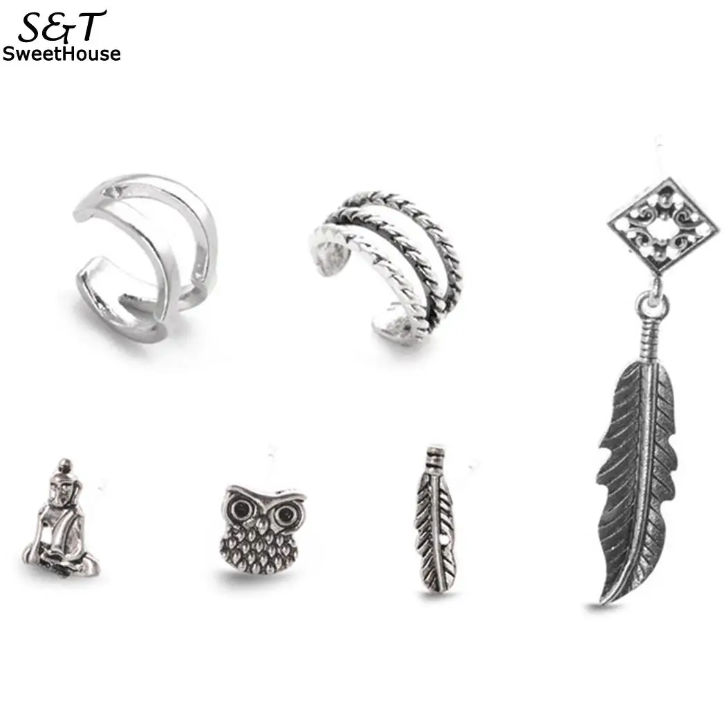 

Women 6pcs Retro Multiple Alloy Stud Earrings Set Leaf Owl Shape Earring Jewelry