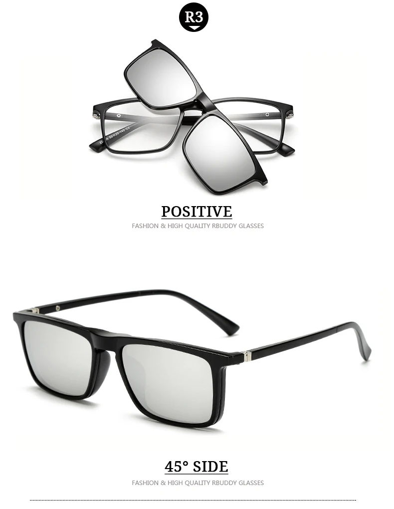 RBUDDY солнцезащитные очки с магнитным креплением для вождения зеркальная застежка на солнцезащитные очки Мужские квадратные поляризованные клипсы близорукость очки прозрачные, оправа