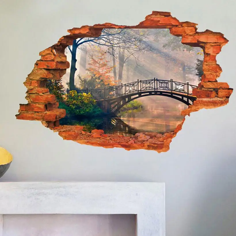 

3D wallpaper Self adhesive Removable Wall Sticker landscape forest bridge Mural forest Living Room window Photo Wall Mural PVC
