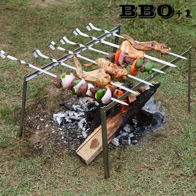 Rozsdamentes Acél Faszén Grill Állványkészlet 6Db Bbq Nyárs Hordozható Kültéri Piknik Kemping Rack Gsjz2002