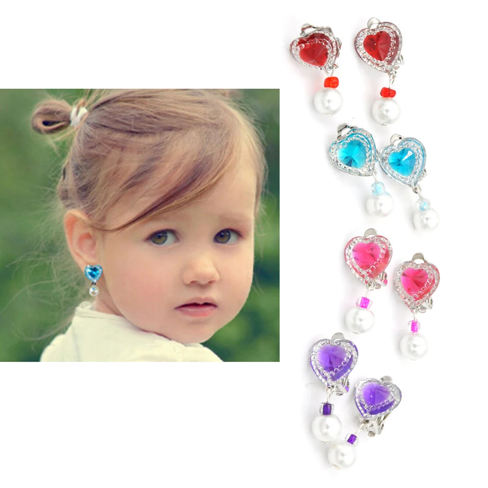 Colorful Heart Shape Rhinestone Clip Earrings for Children Kids Soft