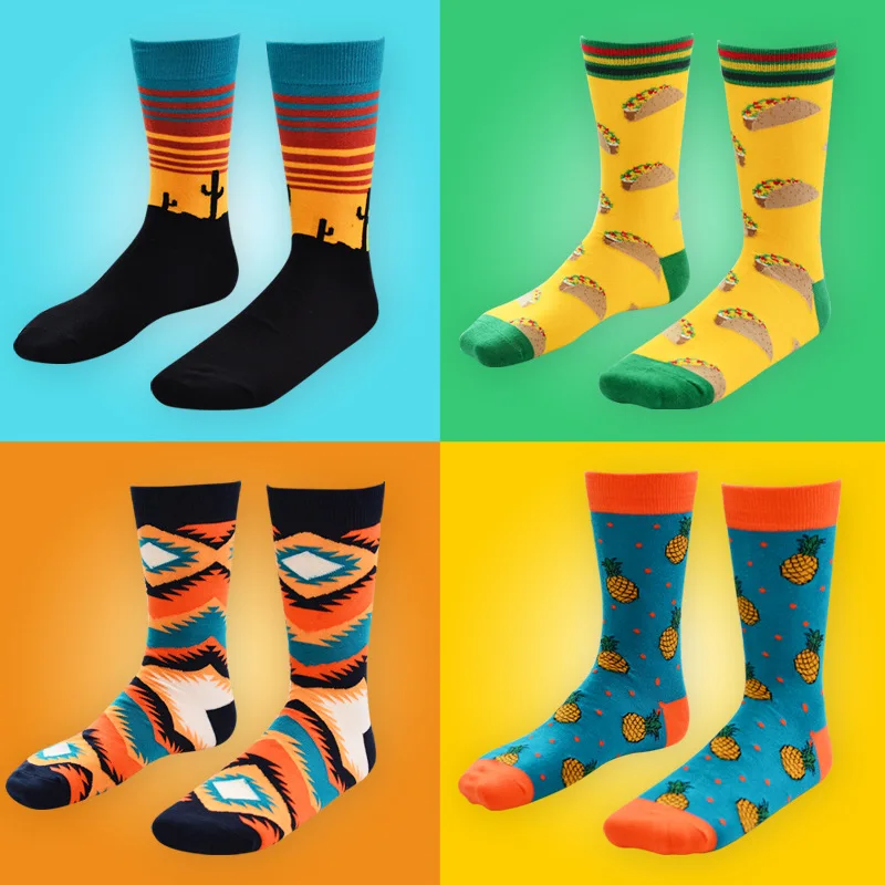 

New Arrival Fashion Men Socks Crew Long Cactus Pineapple Pine Print Skate Casual Happy Funny Brand Calcetines Meias Winter Sox