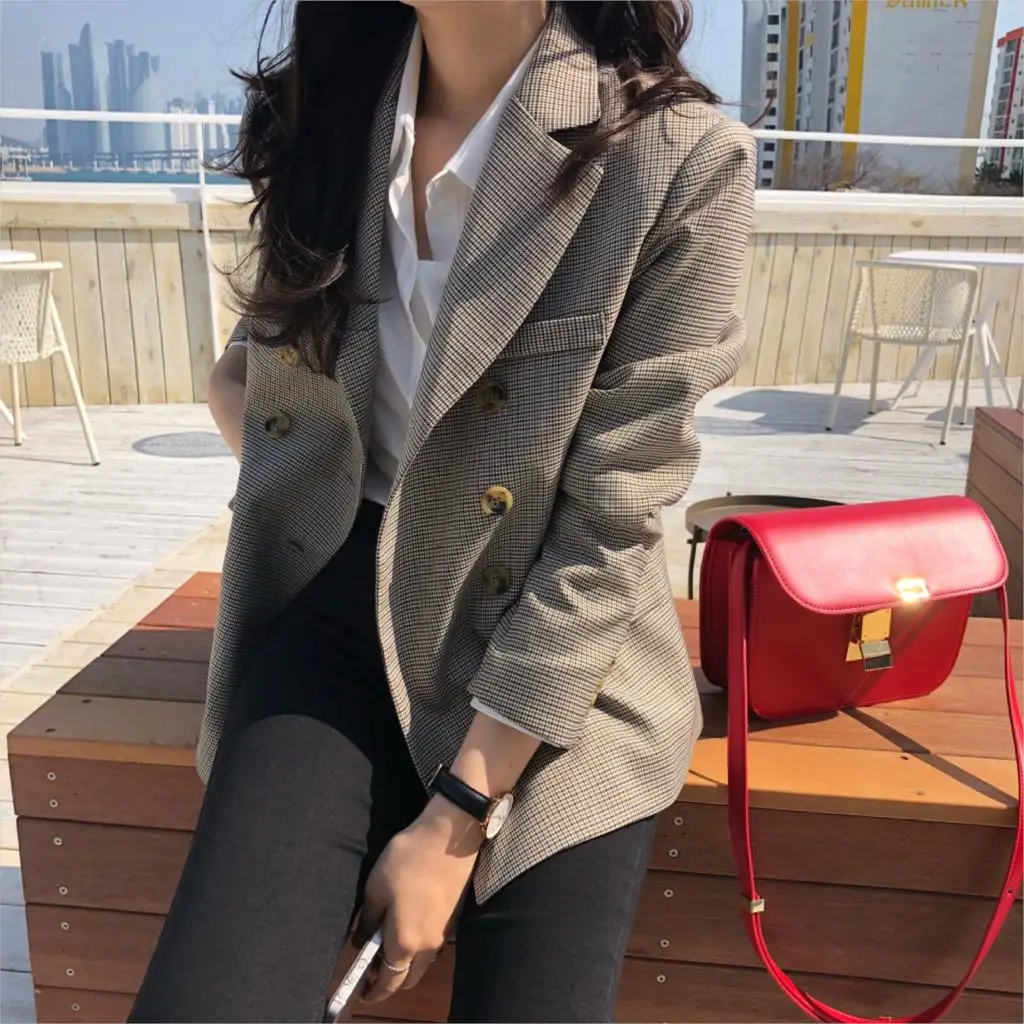 Notched Collar Women Jacket Blazer Classic Plaid Double Breasted Female Suits 2019 Spring Autumn Fashion Coat  Houndstooth Coats