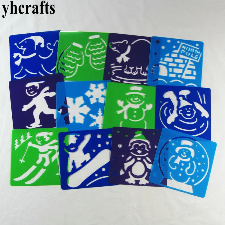 

12PCS/LOT.Christmas snowflake art stencil Painting template Early learning educational toys Kindergarten arts Gifts Favor