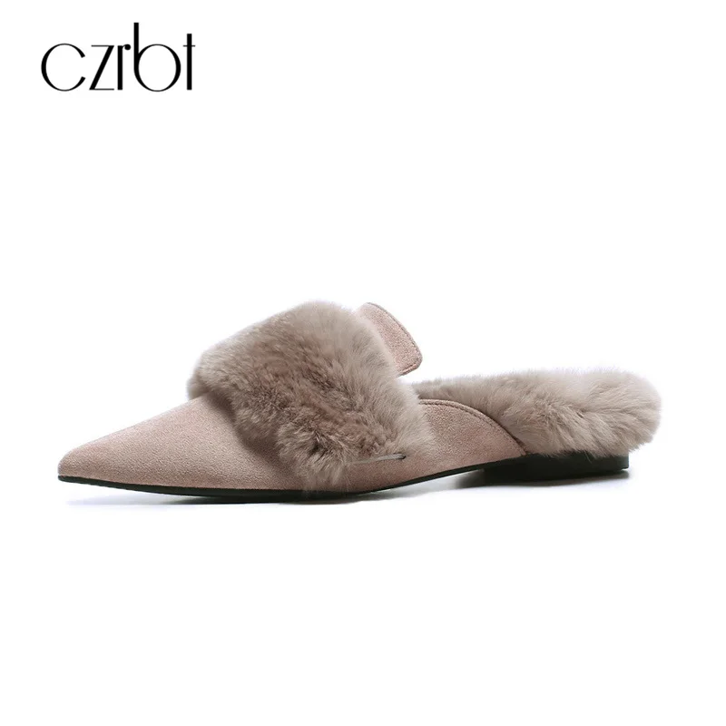 

CZRBT Fashion Natural Rabbit Fur with Geniune Cow Suede Luxury Brand Style Ladies Pointed Toe Mules Shoes Women Flats
