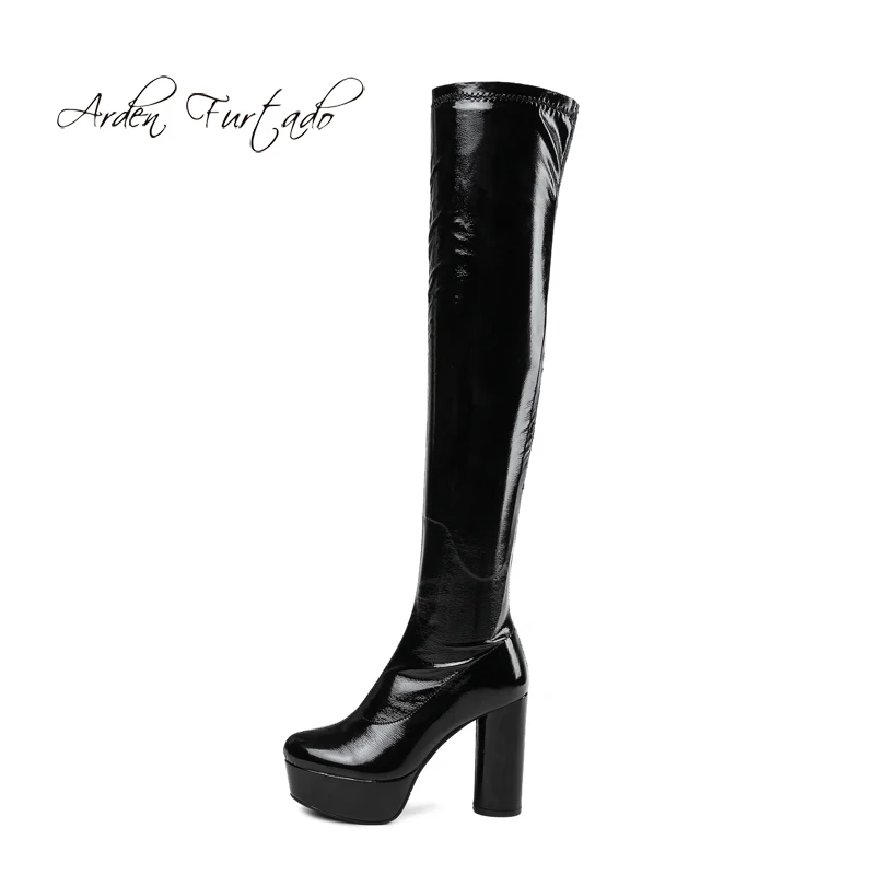 

Arden Furtado 2018 spring autumn chunky heels platform thigh over the knee boots white round heels Stretch boots big size 43 42