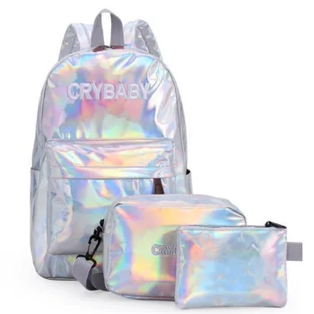 

2019 Holographic Laser Backpack Embroidered Crybaby Letters Hologram Backpack set School Bag +shoulder bags +penbags 3pcs/set