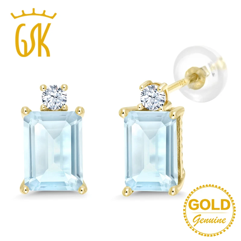

GemStoneKing 1.90 Ct Octagon Natural Sky Blue Topaz Earrings 10K Yellow Gold Gemstone Stud EarringsFor Women Fine Jewelry